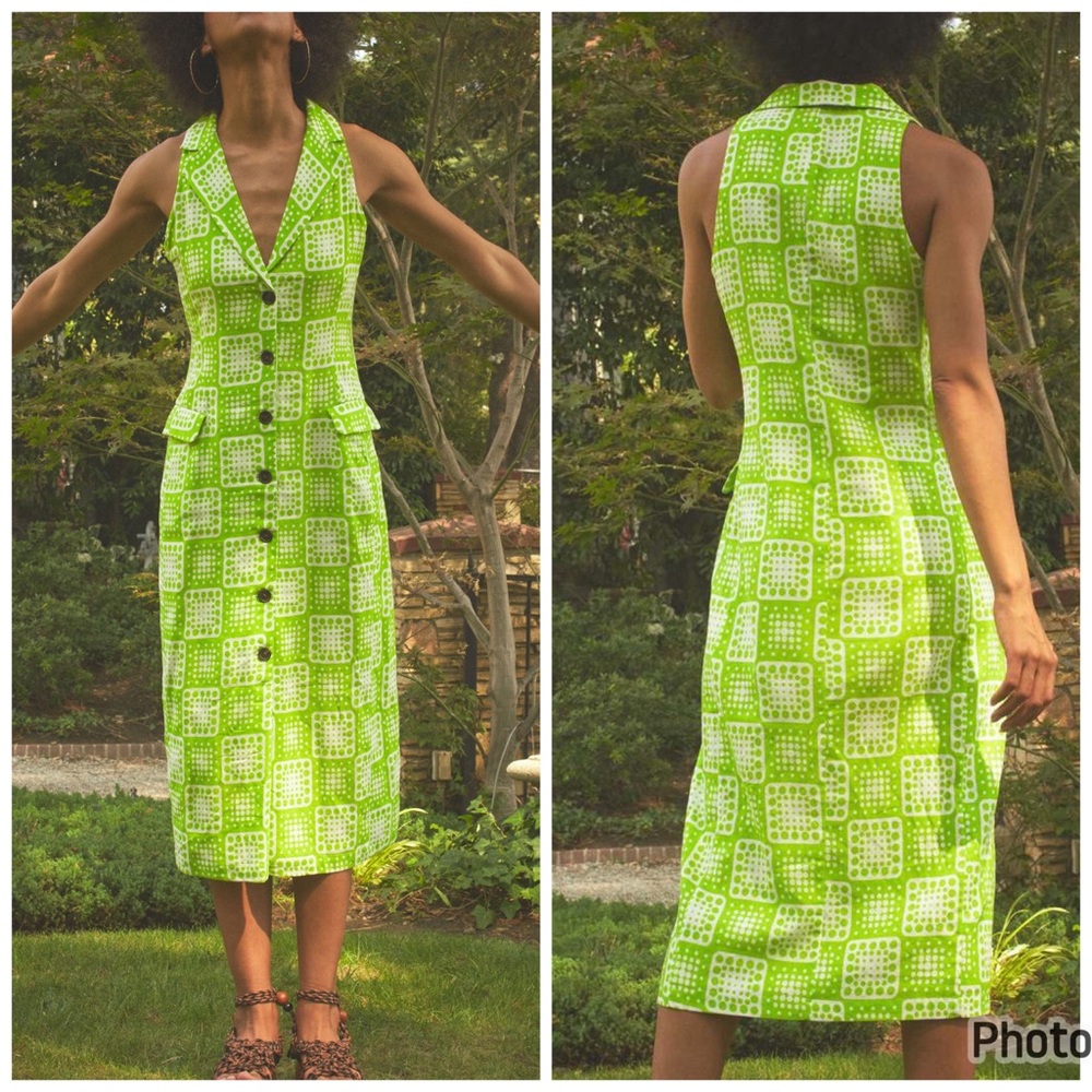 Anthropologie‎ The Odells Callie Dress Button Front Midi Green White Sz 2
